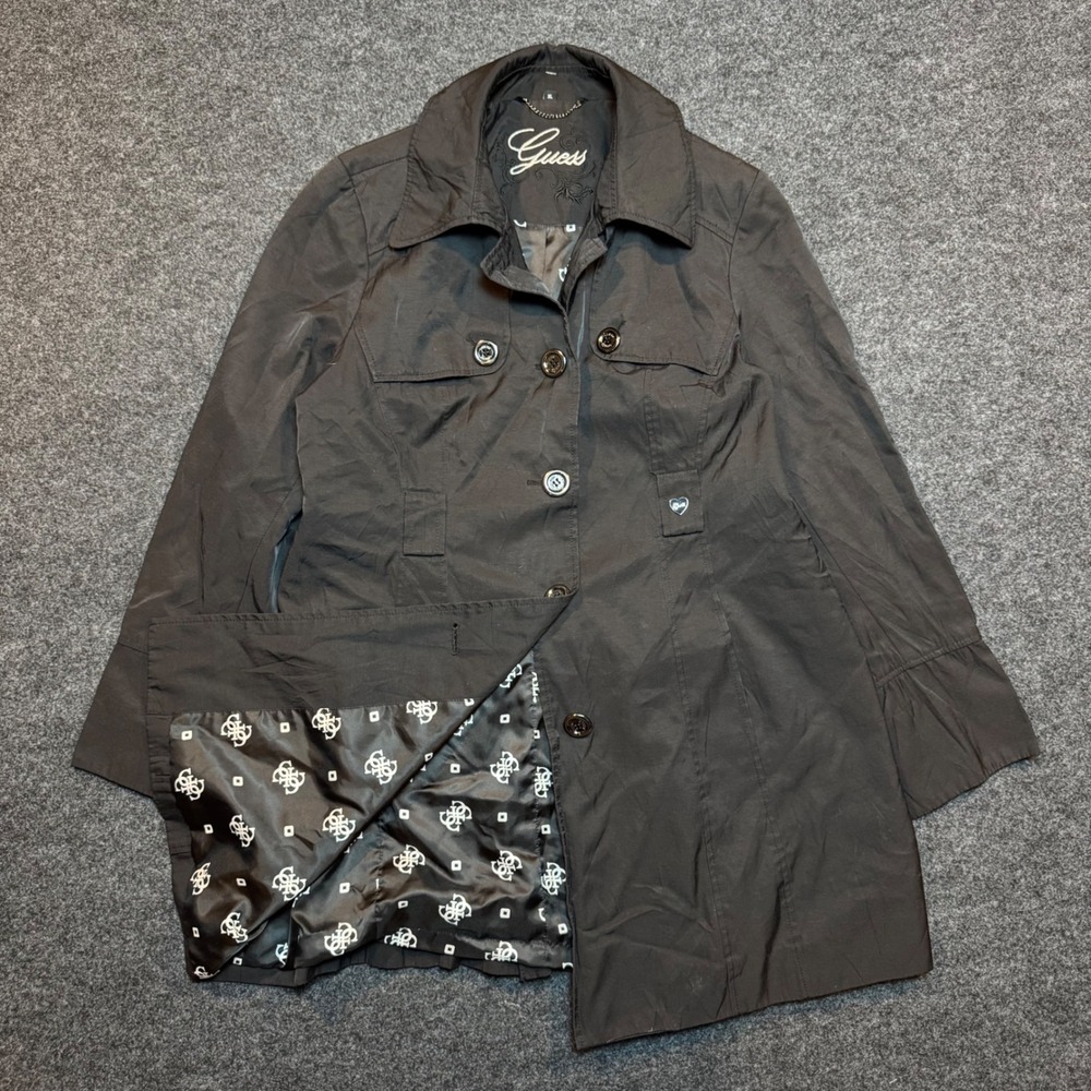 Guess Womens Black Trench Coat Single Breasted Logo Lining Jacket XL